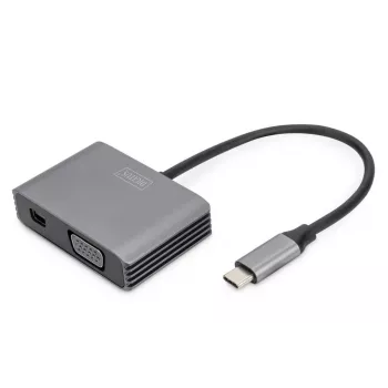 Adaptador DIGITUS USB-C - mini DP + VGA, 20 cm 4K/30Hz, Prateado, caixa de alumínio