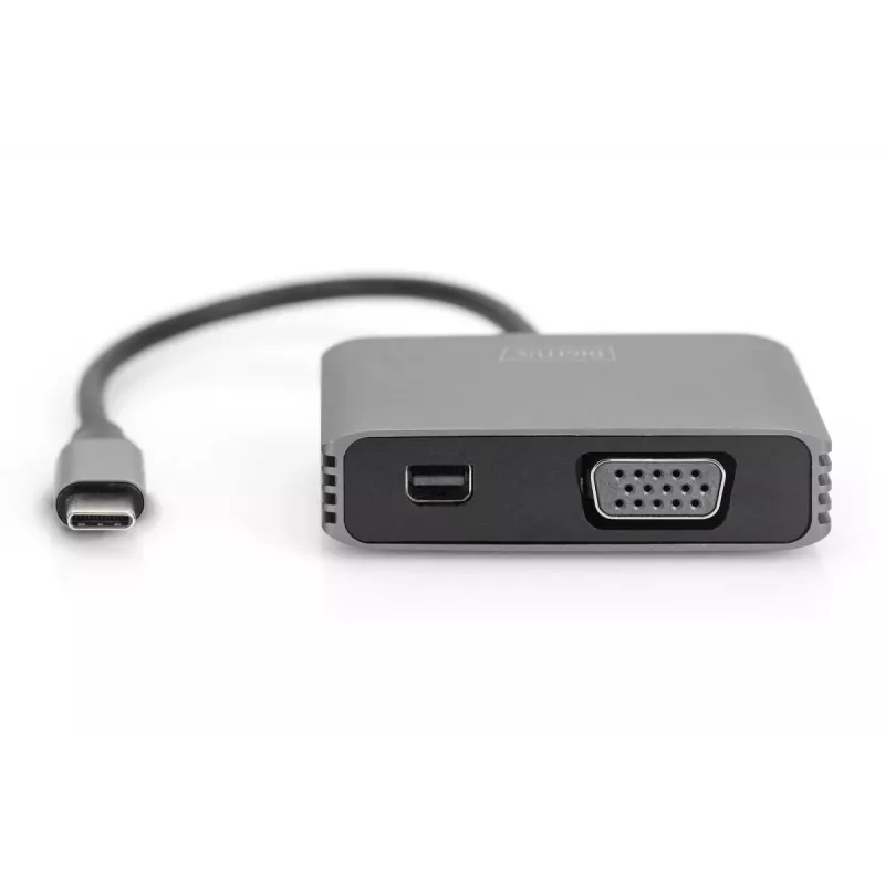 Adaptador DIGITUS USB-C - mini DP + VGA, 20 cm 4K/30Hz, Prateado, caixa de alumínio