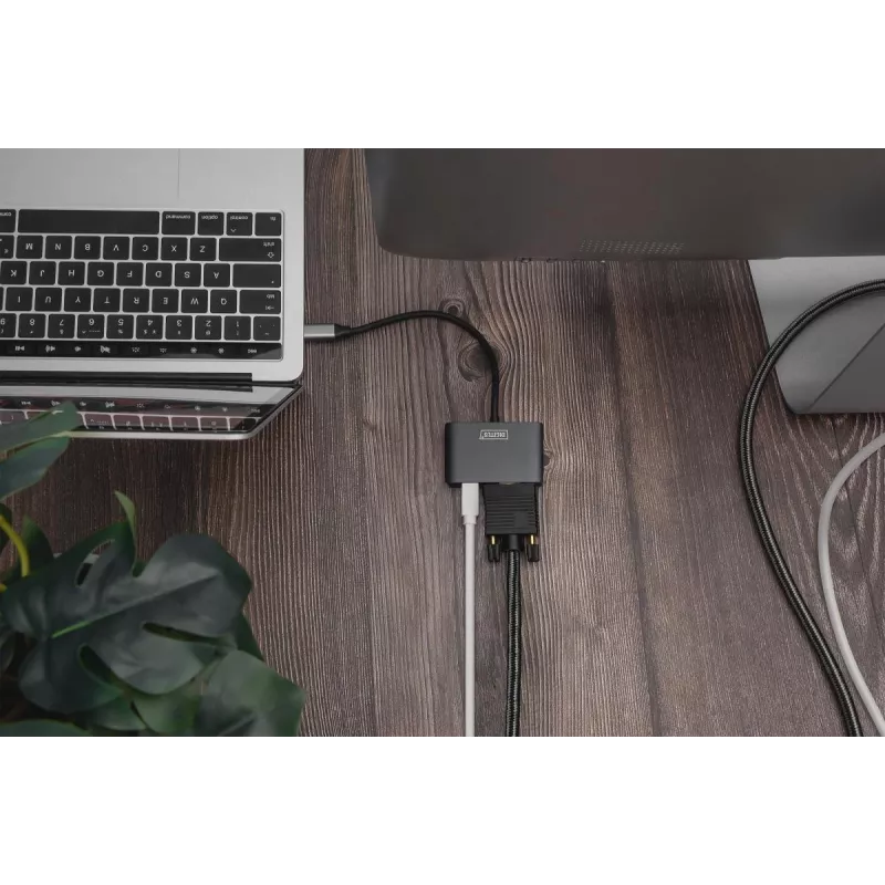 Adaptador DIGITUS USB-C - mini DP + VGA, 20 cm 4K/30Hz, Prateado, caixa de alumínio