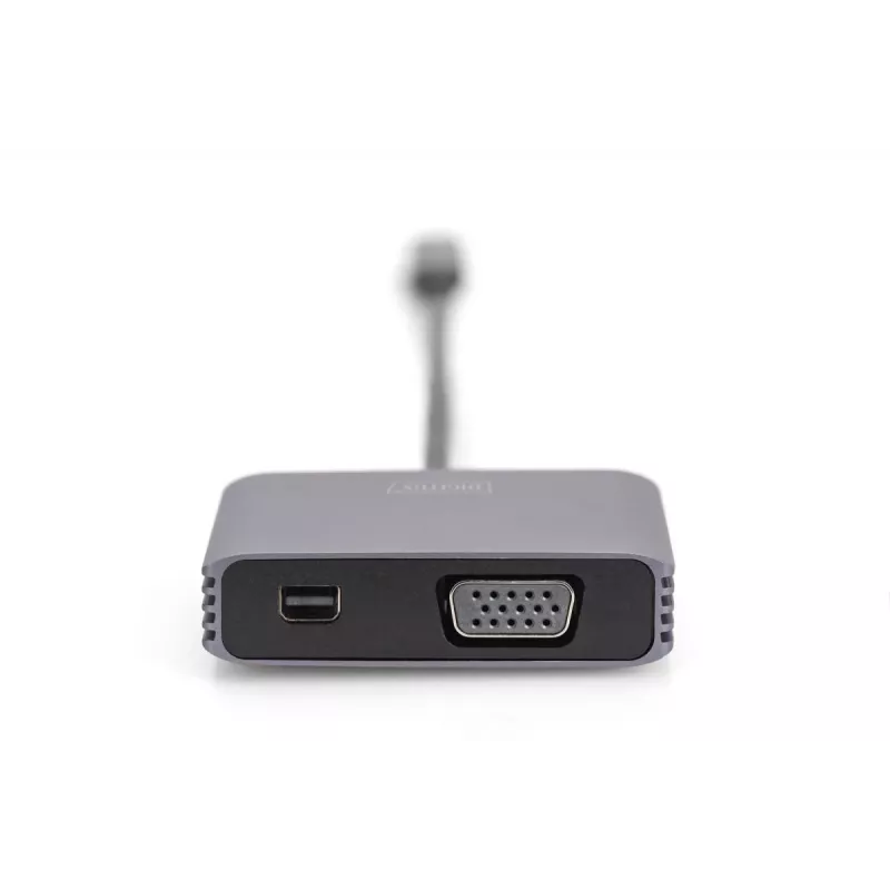Adaptador DIGITUS USB-C - mini DP + VGA, 20 cm 4K/30Hz, Prateado, caixa de alumínio