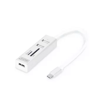 HUB DIGITUS USB 2.0 Type-C com leitor de cartões 3x USB 2.0. 1x SD, 1x MicroSD, caixa de alumínio