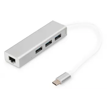 Hub DIGITUS 3 Portas USB 3.0 Type-C com Gigabit Ethernet 3x USB A/F, 1xUSB C/M, 1x RJ45 LAN