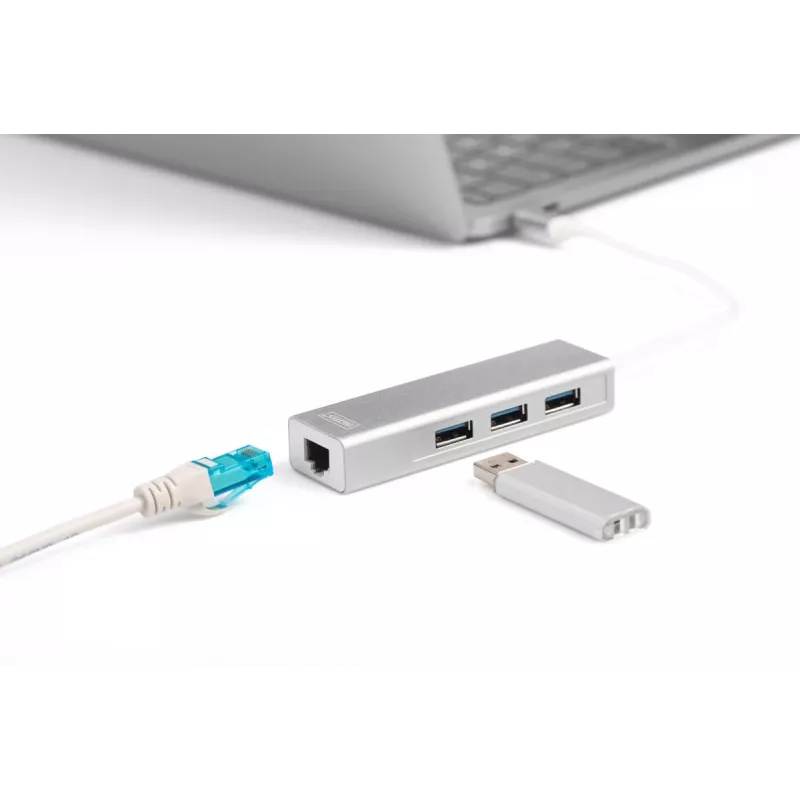 Hub DIGITUS 3 Portas USB 3.0 Type-C com Gigabit Ethernet 3x USB A/F, 1xUSB C/M, 1x RJ45 LAN