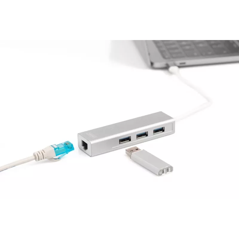 Hub DIGITUS 3 Portas USB 3.0 Type-C com Gigabit Ethernet 3x USB A/F, 1xUSB C/M, 1x RJ45 LAN