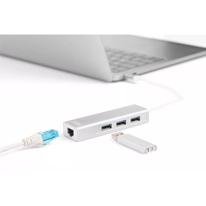 Hub DIGITUS 3 Portas USB 3.0 Type-C com Gigabit Ethernet 3x USB A/F, 1xUSB C/M, 1x RJ45 LAN