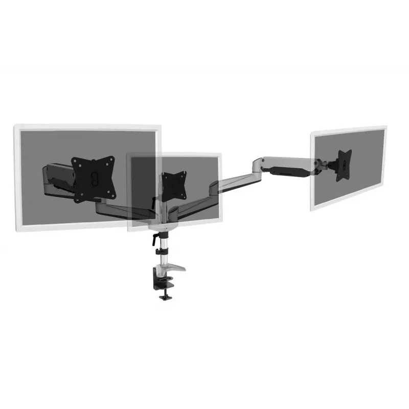 Suporte de mesa universal DIGITUS para três monitores com mola a gás e fixação por grampo