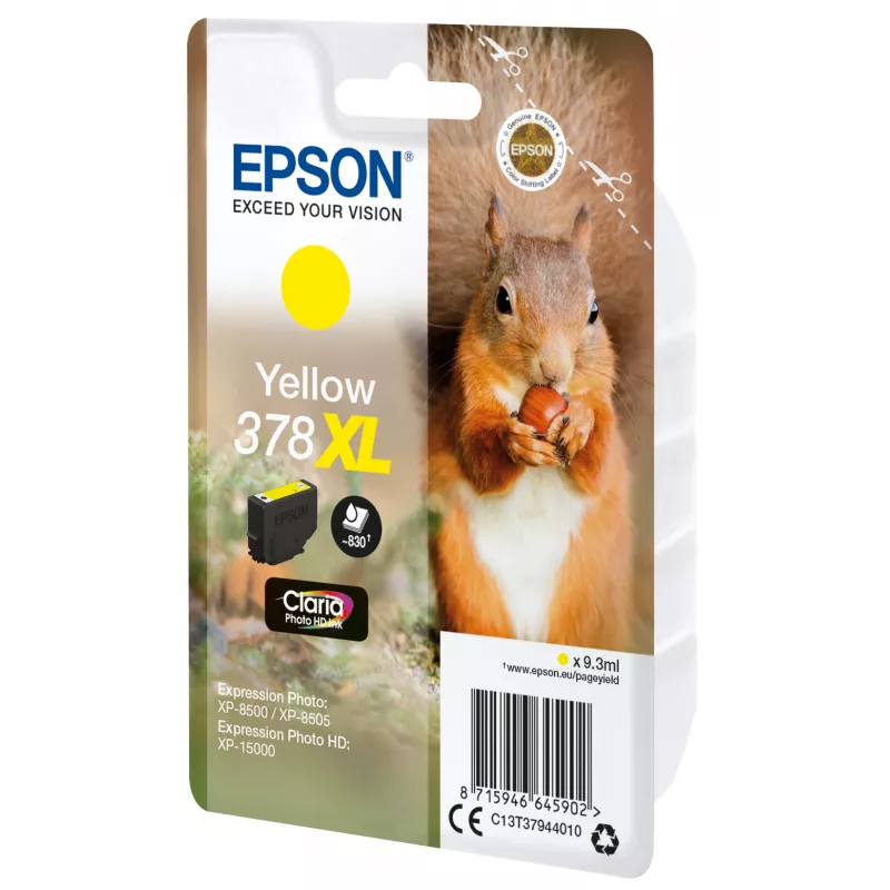 Epson Squirrel embalagem individual amarelo 378XL Claria Photo HD tinta, alta (XL) autonomia, amarelo, tinta pigmentada, 9,3 ml, 1 unid., 830 páginas
