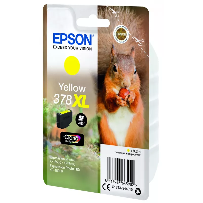 Epson Squirrel embalagem individual amarelo 378XL Claria Photo HD tinta, alta (XL) autonomia, amarelo, tinta pigmentada, 9,3 ml, 1 unid., 830 páginas