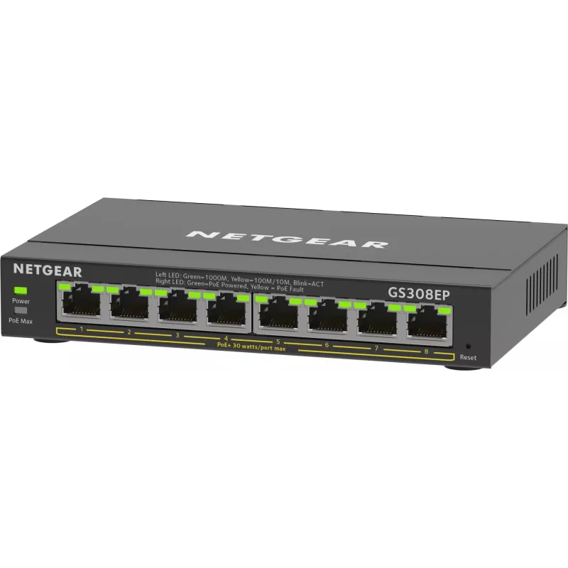 Switch NETGEAR 8 portas Gigabit Ethernet PoE+ Plus (GS308EP) Gerido L2/L3 Gigabit Ethernet (10/100/1000) Power over Ethernet (PoE) preto