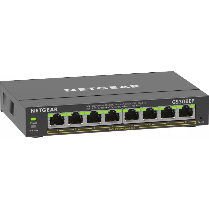 Switch NETGEAR 8 portas Gigabit Ethernet PoE+ Plus (GS308EP) Gerido L2/L3 Gigabit Ethernet (10/100/1000) Power over Ethernet (PoE) preto