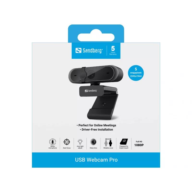 Sandberg Webcam USB Pro, 5 MP, 2592 x 1944 Píxeis, Full HD, 30 fps, 1920x1080@30fps, 2595x1944@30fps, 1080p