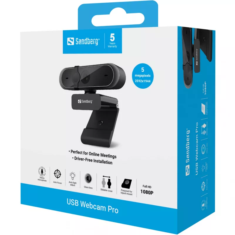 Sandberg Webcam USB Pro, 5 MP, 2592 x 1944 Píxeis, Full HD, 30 fps, 1920x1080@30fps, 2595x1944@30fps, 1080p
