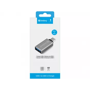 Sandberg Dongle USB-C para USB 3.0, USB 3.2 Gen 1 (3.1 Gen 1) Type-C, USB 3.2 Gen 1 (3.1 Gen 1) Type-A, Prateado, Alumínio, 5 g, 80 mm