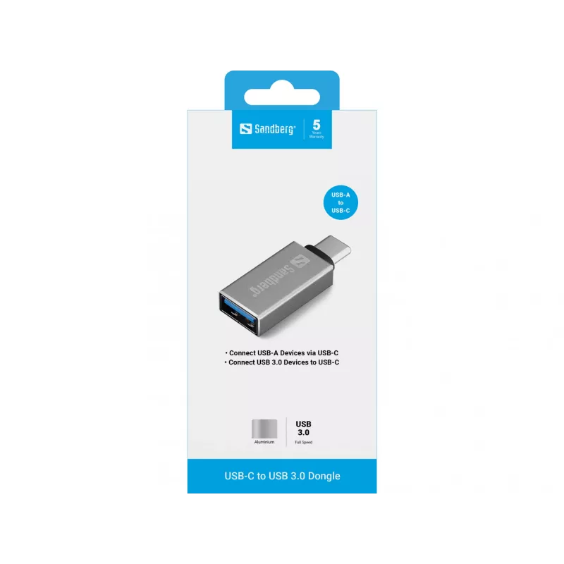 Sandberg Dongle USB-C para USB 3.0, USB 3.2 Gen 1 (3.1 Gen 1) Type-C, USB 3.2 Gen 1 (3.1 Gen 1) Type-A, Prateado, Alumínio, 5 g, 80 mm