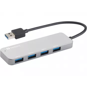 Sandberg Hub USB 3.0 4 Portas SAVER, USB 3.2 Gen 1 (3.1 Gen 1) Type-A, USB 3.2 Gen 1 (3.1 Gen 1) Type-A, 5000 Mbit/s, Prateado, Alumínio, 40 g