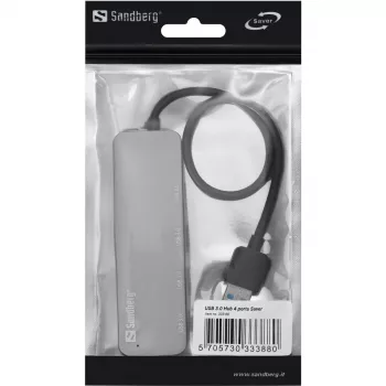 Sandberg Hub USB 3.0 4 Portas SAVER, USB 3.2 Gen 1 (3.1 Gen 1) Type-A, USB 3.2 Gen 1 (3.1 Gen 1) Type-A, 5000 Mbit/s, Prateado, Alumínio, 40 g