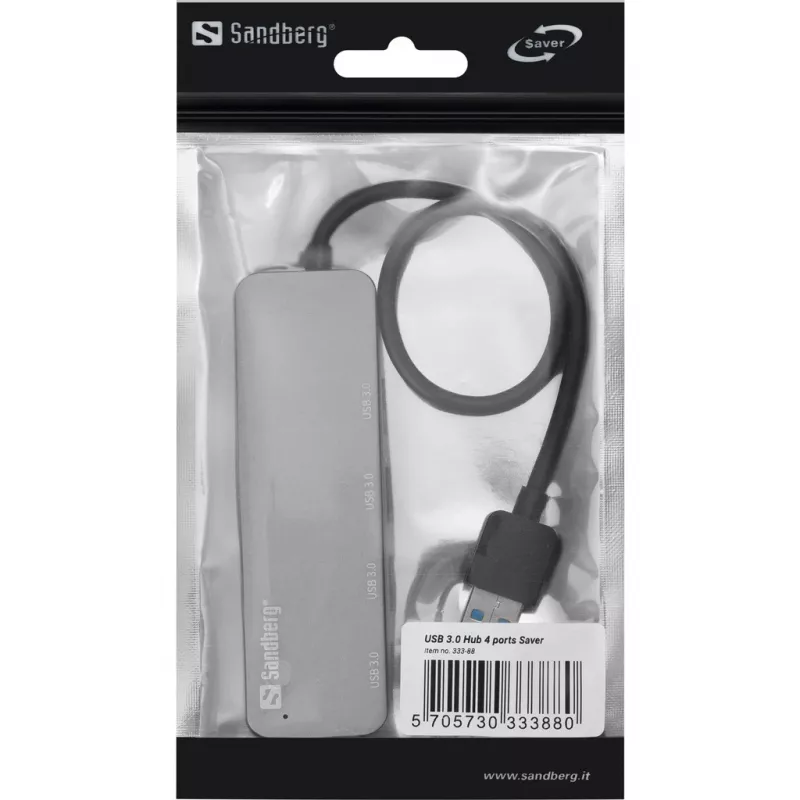 Sandberg Hub USB 3.0 4 Portas SAVER, USB 3.2 Gen 1 (3.1 Gen 1) Type-A, USB 3.2 Gen 1 (3.1 Gen 1) Type-A, 5000 Mbit/s, Prateado, Alumínio, 40 g