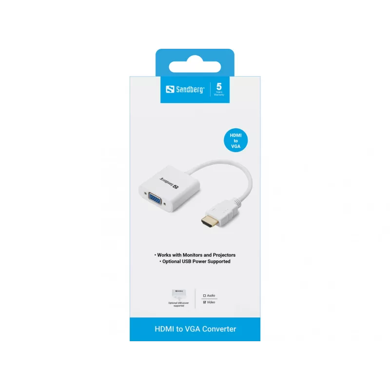Sandberg Conversor HDMI para VGA, VGA (D-Sub), HDMI tipo A (Standard), Macho, Fêmea, Branco, RoHS