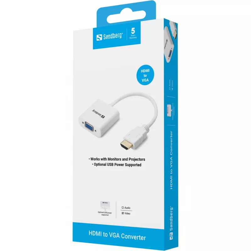 Sandberg Conversor HDMI para VGA, VGA (D-Sub), HDMI tipo A (Standard), Macho, Fêmea, Branco, RoHS