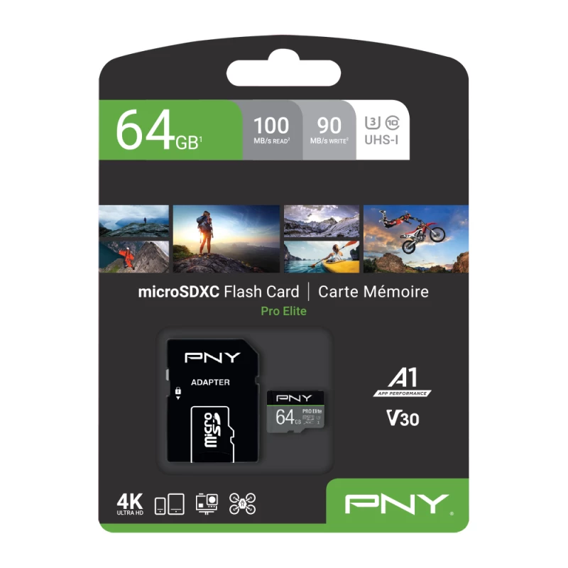 Micro-SD PNY Pro Elite 64 GB Class 10 UHS-I U3 A1 V30 com adaptador SD