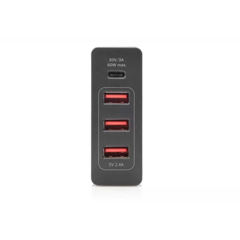 DIGITUS carregador USB de 4 portas, 72 W 1x USB-C (PD) 5,9,15,20 V/3 A, 3x USB-A 5 V/2,4 A, preto