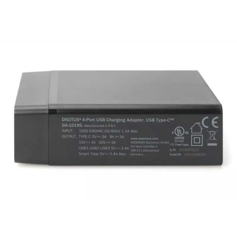 DIGITUS carregador USB de 4 portas, 72 W 1x USB-C (PD) 5,9,15,20 V/3 A, 3x USB-A 5 V/2,4 A, preto