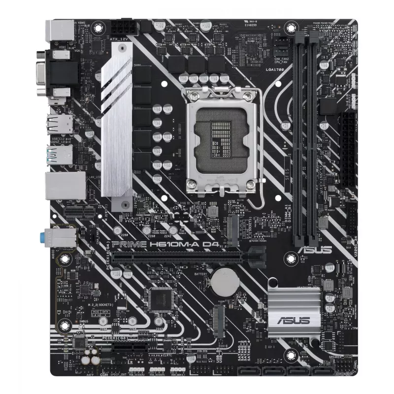 ASUS PRIME H610M-A D4-CSM placa-mãe, Intel H610, LGA 1700, micro ATX, 2x DDR4 DIMM, máx. 64 GB, 2x M.2, 4x SATA III, HDMI, DisplayPort, VGA, Gigabit LAN