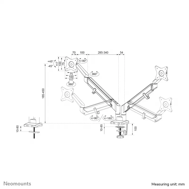 Braço para monitor Neomounts DS70-810BL2 17-32 polegadas – mola a gás – poupa espaço – bloqueio a 180°