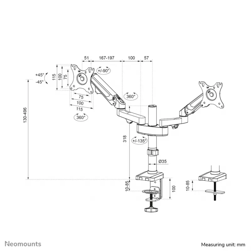 Suporte para monitor Neomounts DS70-750BL2 17-27 polegadas - mola a gás, grampo/passagem na mesa, 7 kg, 43,2 cm (17 polegadas), 68,6 cm (27 polegadas), 100 x 100 mm, preto