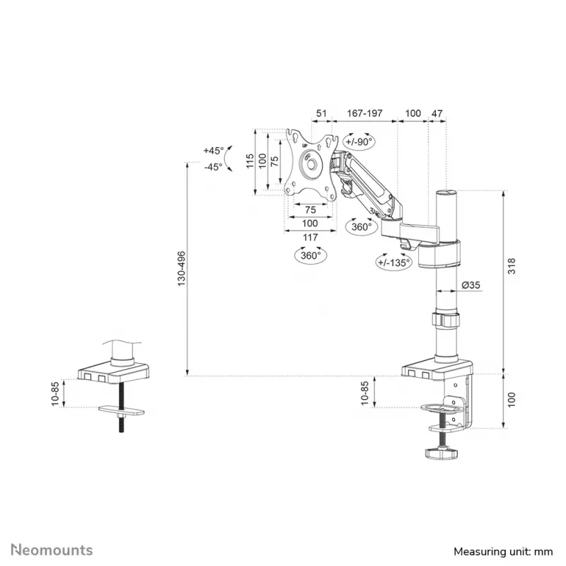 Braço para monitor Neomounts DS70-750BL1 17-27 polegadas - mola a gás, grampo/passagem na mesa, 7 kg, 43,2 cm (17 polegadas), 68,6 cm (27 polegadas), 100 x 100 mm, preto