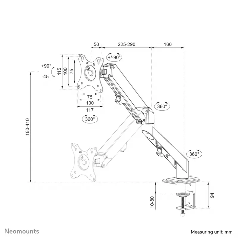 Suporte para monitor Neomounts DS70-700BL1 17-27 polegadas - mola a gás, grampo, 7 kg, 43,2 cm (17 polegadas), 68,6 cm (27 polegadas), 100 x 100 mm, preto
