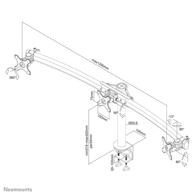 Neomounts FPMA-D700D3 Braço para monitor 10-27 polegadas, grampo, 8 kg, 25,4 cm (10 polegadas), 68,6 cm (27 polegadas), 100 x 100 mm, Preto