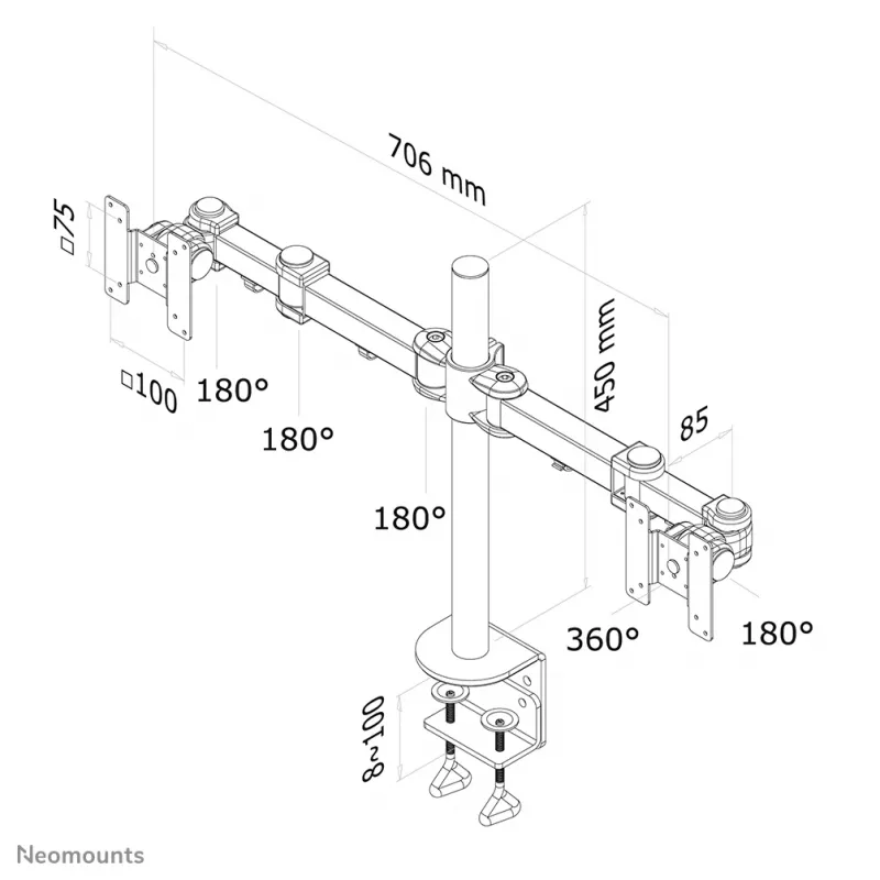 Neomounts FPMA-D960D Braço para monitor 10-27 polegadas, grampo de mesa, 8 kg, 25,4 cm (10 polegadas), 68,6 cm (27 polegadas), 100 x 100 mm, Preto