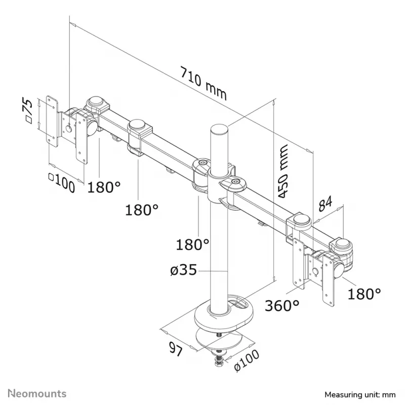 Neomounts FPMA-D960DG Braço para monitor 10-27 polegadas, passagem de mesa, 8 kg, 25,4 cm (10 polegadas), 68,6 cm (27 polegadas), 100 x 100 mm, Preto