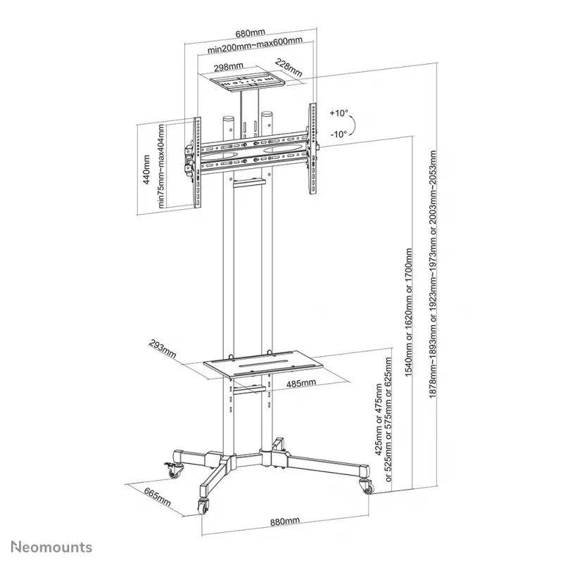 Neomounts PLASMA-M1700E Carrinho para TV 32-70 polegadas, Preto, Suporte de chão portátil, Aço, 50 kg, 81,3 cm (32 polegadas), 177,8 cm (70 polegadas)