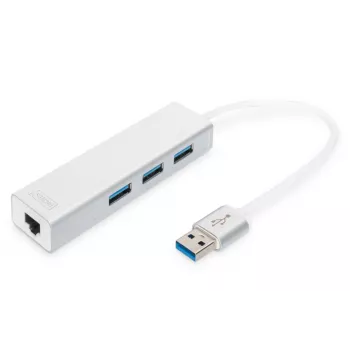 DIGITUS Hub USB 3.0, 3 portas e adaptador Gigabit-LAN 3xUSB A/F, 1xUSB A/M, 1xRJ45 LAN Compatível com Windows e Mac OS