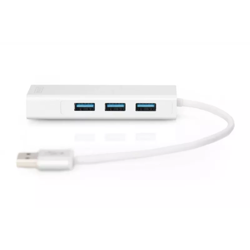 DIGITUS Hub USB 3.0, 3 portas e adaptador Gigabit-LAN 3xUSB A/F, 1xUSB A/M, 1xRJ45 LAN Compatível com Windows e Mac OS