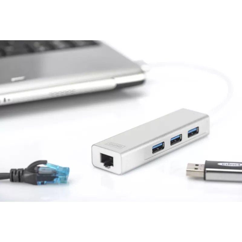 DIGITUS Hub USB 3.0, 3 portas e adaptador Gigabit-LAN 3xUSB A/F, 1xUSB A/M, 1xRJ45 LAN Compatível com Windows e Mac OS