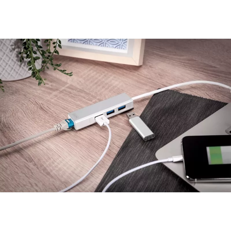 DIGITUS Hub USB 3.0, 3 portas e adaptador Gigabit-LAN 3xUSB A/F, 1xUSB A/M, 1xRJ45 LAN Compatível com Windows e Mac OS