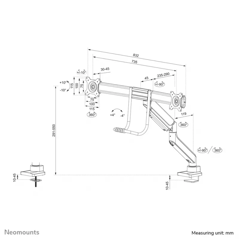Suporte para monitor Neomounts DS75-450BL2 17-32 polegadas - Mola a gás - Fixação à mesa - Bloqueio a 180°