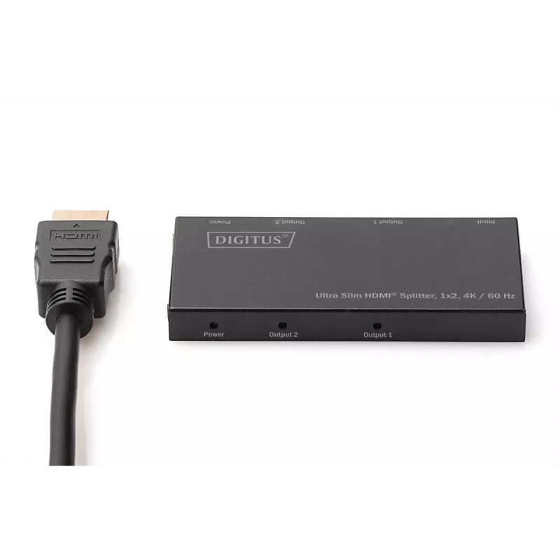 Splitter HDMI ultra fino DIGITUS, 1x2, 4K/60Hz HDR, HDCP 2.2, 18 Gbps, alimentação Micro-USB