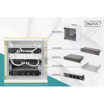 Conjunto de rede 10in DIGITUS – armário 6U, prateleira cinzenta, PDU, switch 8 portas, patch panel CAT6