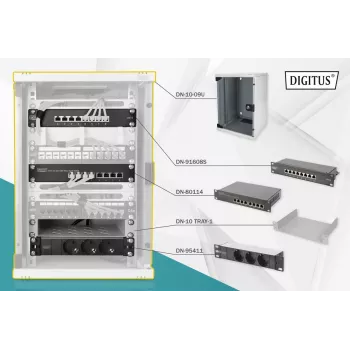 Conjunto de rede DIGITUS 10in-9U 312x300mm caixa prateleira PDU 8Port patch panel