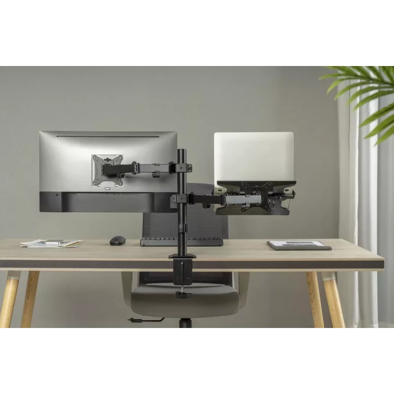 Braço para monitor DIGITUS com suporte para portátil 17-32 polegadas, 9 kg máx. – fixação por morsa ou passagem pela mesa