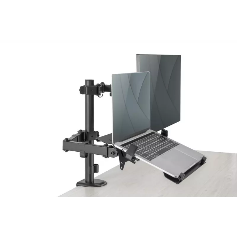 Braço para monitor DIGITUS com suporte para portátil 17-32 polegadas, 9 kg máx. – fixação por morsa ou passagem pela mesa
