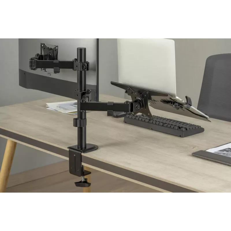 Braço para monitor DIGITUS com suporte para portátil 17-32 polegadas, 9 kg máx. – fixação por morsa ou passagem pela mesa