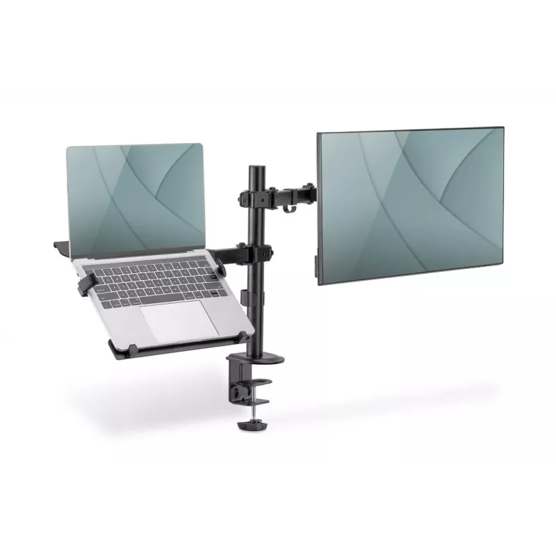 Braço para monitor DIGITUS com suporte para portátil 17-32 polegadas, 9 kg máx. – fixação por morsa ou passagem pela mesa