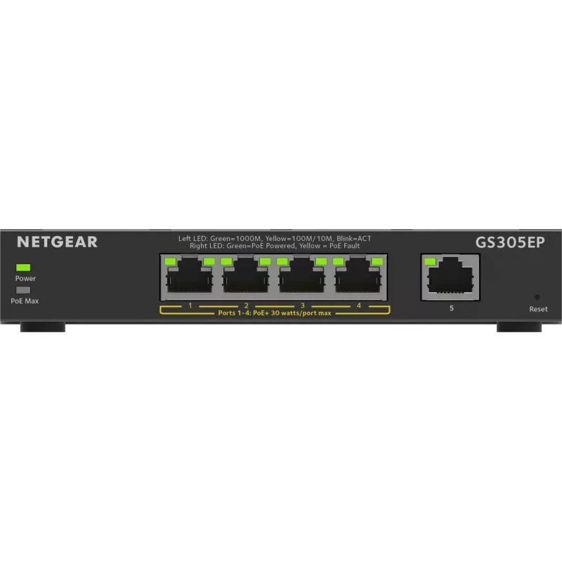 NETGEAR Switch 5 portas Gigabit Ethernet PoE+ Plus (GS305EP) Managed L2/L3 Gigabit Ethernet (10/100/1000) Power over Ethernet (PoE) Preto