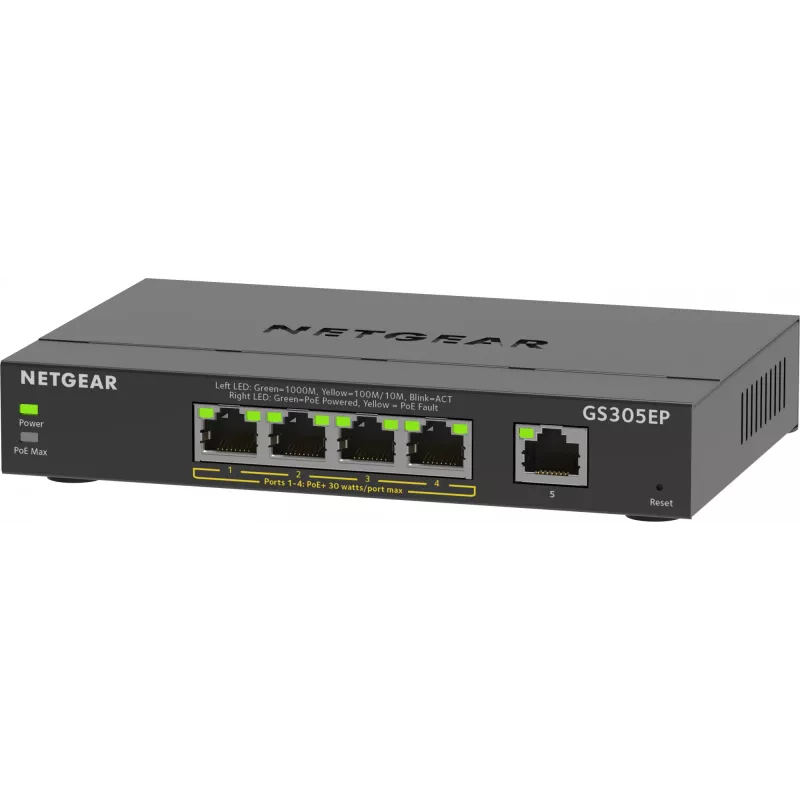 NETGEAR Switch 5 portas Gigabit Ethernet PoE+ Plus (GS305EP) Managed L2/L3 Gigabit Ethernet (10/100/1000) Power over Ethernet (PoE) Preto