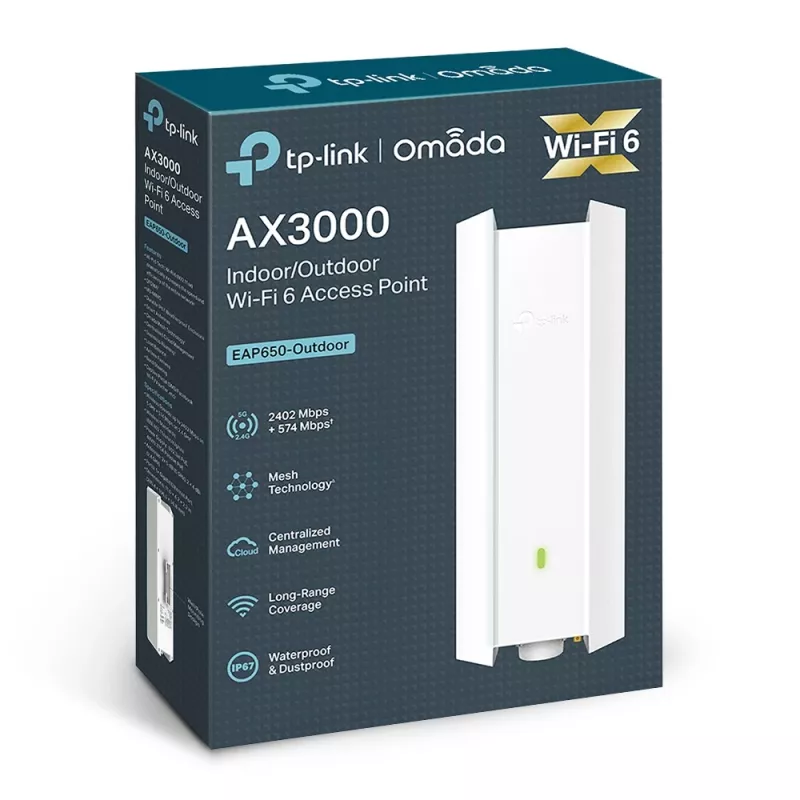 Ponto de acesso TP-Link Omada AX3000 Indoor/Outdoor WiFi 6, 2.4 GHz, 5 GHz, 3000 Mbit/s, WPA, WPA-Enterprise, WPA2, WPA2-Enterprise, WPA3, WPA3-Enterprise, 10,100,1000 Mbit/s